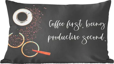 Produktbild von MuchoWow® Zierkissen Sofakissen Wohnzimmer Dekokissen 60x40 cm Sprichwörter - Erst Kaffee, dann produktiv sein - Kopfkissen - Polster mit Foto
