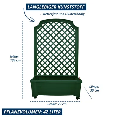 Produktbild von KHW Pflanzkasten "Calypso" mit Bewässerungssystem, Spalier und Rollen 79 cm x 35 cm x 134 cm, Farbe Grün