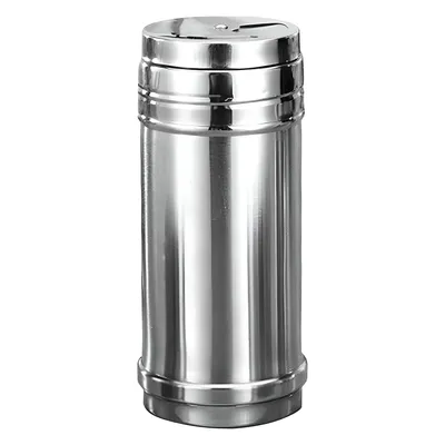 A silver stainless steel spice shaker on a white background.