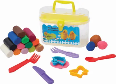 Produktbild von Knete viel Zubehör Set mit Koffer und 4 x Modellier-Werkzeugen Knetmasse und 2 x Ausstechförmchen 16 x bunte Formknete Partyknete Knetwerkzeug