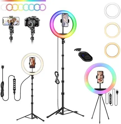 Immagine prodotto di Ibenzoa® Cerchio luminoso LED da 10 pollici con treppiede – dimmerabile da 1% a 100%, 3 temperature di colore e 47 modalità RGB, altezza regolabile fino a 160 cm, alimentazione USB e telecomando