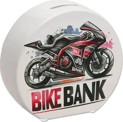 Produktbild von Rennmotorrad Spardose mit Spruch Bike Bank