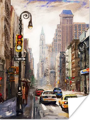 Produktbild von MuchoWow® Poster Gemälde - Stadt - Auto - Öl 90x120 cm - Wohnzimmer