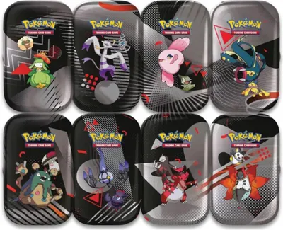 A collage of eight Pokemon TCG mini tins, each featuring different Pokemon characters and designs.