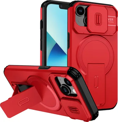 Immagine prodotto di Custodia magnetica per iPhone 14/iPhone 13, custodia resistente a due strati con protezione scorrevole della fotocamera e supporto regolabile Rosso