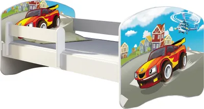Obrázok produktu pre ACMA posteľ pre mladých Detská posteľ junior kompletná súprava s lamelovým roštom a ochranou proti vypadnutiu matraca Biela 03 Racing Car 180x80