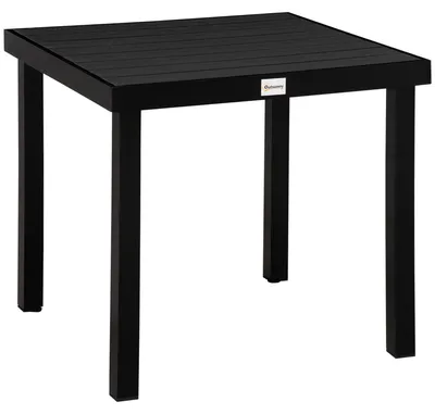 Image de Table de jardin carrée en aluminium, 78 x 78 x 74 cm, 4 personnes, lamelles en plastique aspect bois, noire, résistante aux intempéries, pieds réglables