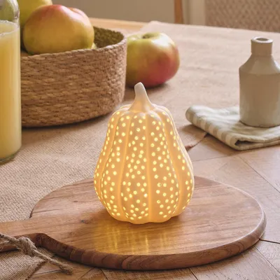 Porzellan-Kürbis-Dekoration mattweiß mit warmweißen LEDs