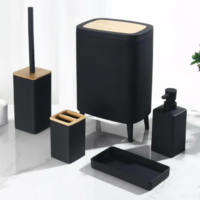 Produktbild von Badaccessoires Set 5-teilig, schwarz, mit Bambus, für Badezimmer