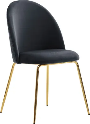 A single black velvet dining chair with gold legs, shown against a white background.