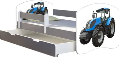Produktbild von ACMA Jugendbett Kinderbett Junior-Bett Komplett-Set mit Matratze Lattenrost und Rausfallschutz Grau 42 Traktor 140x70 + Bettkasten