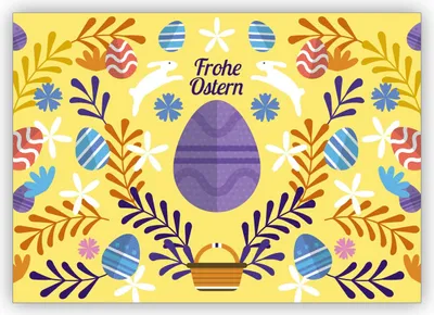 Produktbild von Wunderschöne Folklore Osterkarte mit Osterhasen und Ostereiern zum Osterfest "Frohe Ostern"
