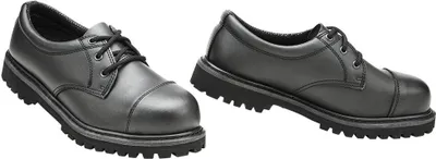 Two black leather shoes are shown against a white background.