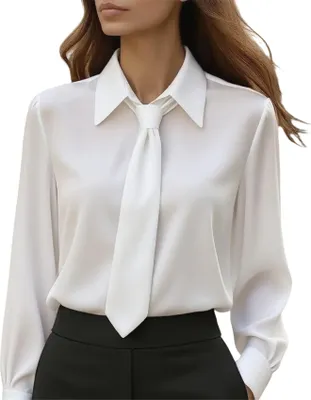 Produktbild von ASKSA Damen Bluse Krawatte Langarm Elegante Oberteile Buero Casual Hemdbluse Schlichtes Business Langarmshirt (Weiss,S)