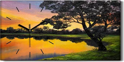 Produktbild von Wanduhr Bürouhr Leinwand Bild 60x30 Ölgemälde See Wald Bäume Sonnenuntergang - schwarze Hände