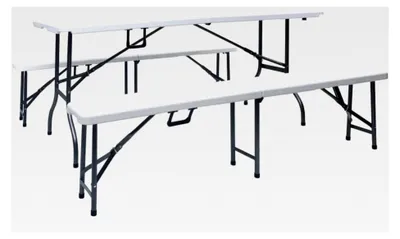 Produktbild von Klappbarer Gartentisch mit 2 Bänken, 180 cm aus Stahl und HDPE, Weiß, wetterfestes Möbelset für den Außenbereich, tragbar für Picknick
