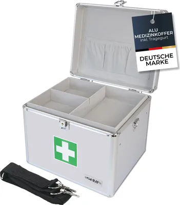 Medizinkoffer oder Erste Hilfe Koffer aus Aluminium von HMF mit den Maßen 30 x 25 x 25 cm in Silber
