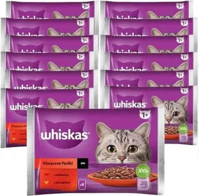 Produktbild von Whiskas Adult 1+ Katzenfutter Nassfutter Klassische Auswahl in Soße 13x4x85g Rindfleisch und Huhn (52 Portionen à 85 Gramm)