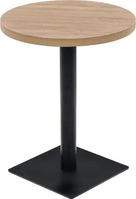 A studio shot of a round bistrot table with a wooden top and a black metal base.