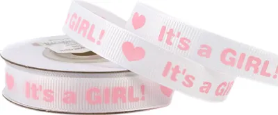 Produktbild von Geschenkband Baby / Its a Girl 12mm x 10m Rolle weiß / rosa