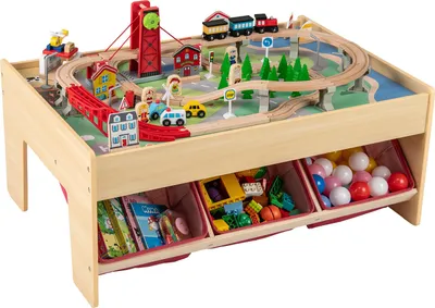 Immagine prodotto di Tavolo ferroviario in legno, tavolo multifunzionale per attività con 2 piani reversibili, 3 cassetti in tessuto e accessori, tavolo playset per bambini dai 3 anni in su
