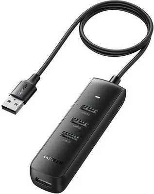 A black USB hub with a connected USB cable, presented on a white background.