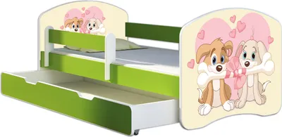 A children's bed with a pull-out drawer, featuring cartoon puppies and hearts.
