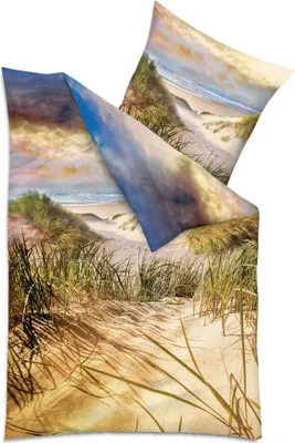 A bedding set with a beach dune and ocean scene printed on it.