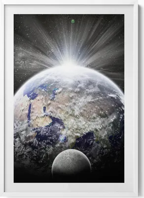 Produktbild von Ansicht der Erde und des Mondes– Wandbild mit Rahmen – Gerahmtes Bild  – Wanddekoration – 70x100 cm –  Weiß Rahmen