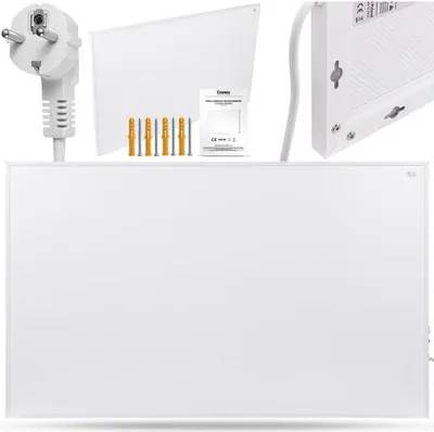A white electric heater and its accessories are displayed on a white background.
