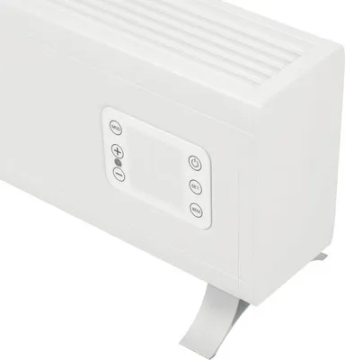 A close-up, angled view of a white electric heater with a digital control panel.