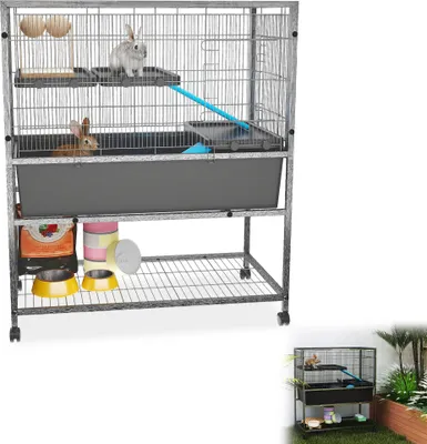 Produktbild von UISEBRT Mobiler Kleintierkäfig Kaninchenstall für Außen, Einstöckig, 88x48x102cm, Mit Klettermöglichkeiten und Sicherheitsverschluss