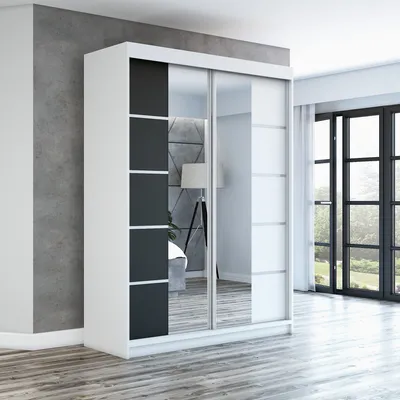 Produktbild von Schwebetürenschrank, 2-türig Schrank ERA 160 cm (mit Spiegel)  (Weiß / schwarz / weiß)
