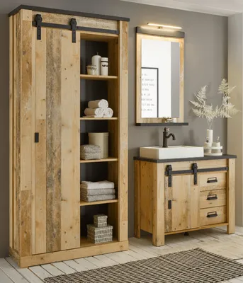Produktbild von Badmöbel Set 5-teilig "Stove" Used Wood hell und anthrazit mit Waschbecken und LED