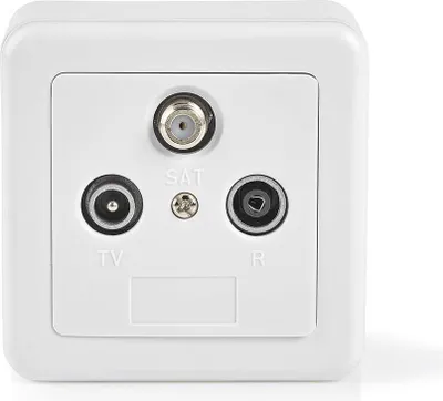 Immagine prodotto di Scatola terminale dell'antenna | 1x connettore F femmina / 1x connettore IEC maschio / 1x connettore IEC femmina | 75 Ohm | Percorso di ritorno | Argento / Bianco
