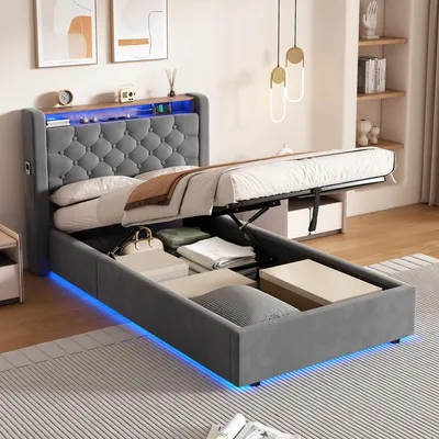 Produktbild von STILVORA Polsterbett 90×190 cm mit Bettkasten & LED, Jugendbett mit Stauraum, Steckdose & klappbarem Kopfteil, Samt Bettgestell aus Metall & Holz, Dunkelgrau, ohne Matratze