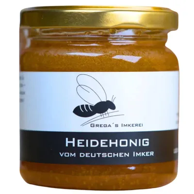Produktbild von Deutscher Heidehonig 250g herb & malzig | Grega's Imkerei | Geleeartige Konsistenz | Regional aus der Lüneburger Heide