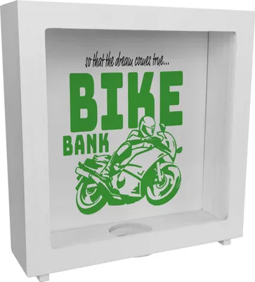 Produktbild von Bike Bank Rahmen Spardose aus Holz in grün zum Thema Motorradkauf und Motorrad