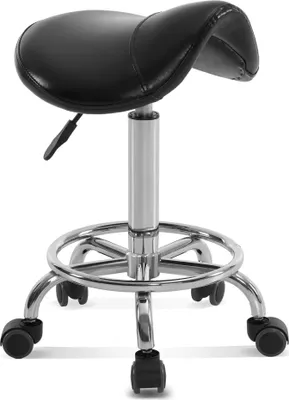 A black saddle stool with a silver base and wheels, shown against a white background.