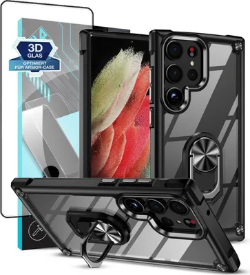 Produktbild von Handyhülle für Samsung Galaxy S23 Ultra mit 9H Displayglas Displayschutz High Tech Case Schutz SmartphonehülleTransparent Aufprallschutz Farbe: Schwarz