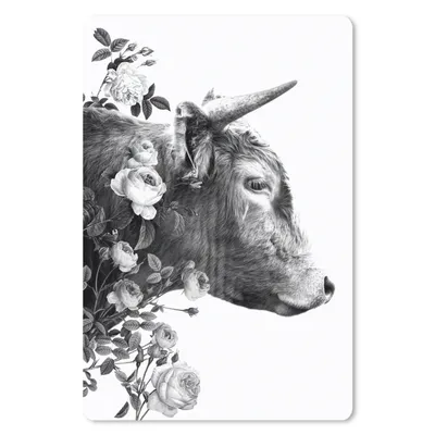 Produktbild von MuchoWow® Mauspad Mousepad Seitenansicht eines schottischen Highlanders mit Blumen - schwarz-weiß 40x60 cm - Mousepads - Maus Mat - Pad - Mausunterlage - Schreibtisch Accesoire