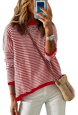 Imagen del producto de Camiseta de manga larga de la marca Damen, con diseño a rayas, en color blanco y rojo