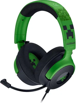 A close-up studio shot of a green and black gaming headset with Minecraft branding.