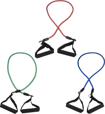 Produktbild von GORILLA SPORTS® Resistance Bands - 3er Set, inkl. Tragetasche, mit Schaumstoffgriffen, Bänder aus Gummi, Verstellbar - Fitnessbänder, Widerstandsbänder, Expander Tubes, Gymnastikbänder, Fitnessgeräte