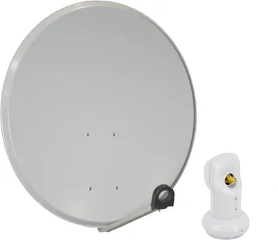A satellite dish and LNB are shown against a white background.