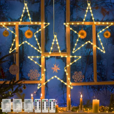 3 Fenstersterne, 40 cm, 45 LEDs, warmweiß, batteriebetrieben, Fernbedienung