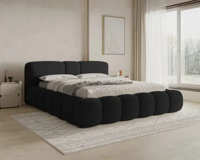 Produktbild von Chilly Möbel Design Bett Bianco - Komfort Polsterbett mit Bettkasten, Metallrahmen, Stauraum und gepolstertem Kopfteil 200x200 cm / Bouclé / Schwarz