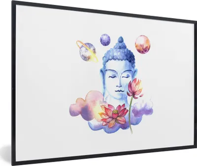 Produktbild von MuchoWow® MuchoWow® Gerahmtes Poster Buddha - Kopf - Planeten 90x60 cm - Poster mit zchwarzem Bilderrahmen - Fotorahmen - Foto-Plakat