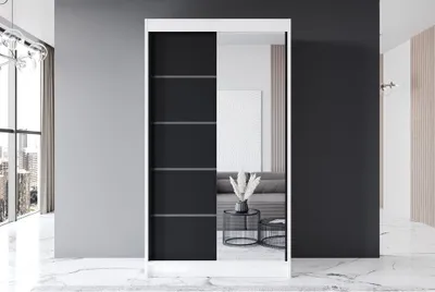 Produktbild von Easy4You P3 120 cm Weiß/Schwarz Schiebetüren Kleiderschrank 120x200x58 cm mit Spiegel - Schlafzimmermöbel, Aufbewahrung - Mehrzweckschrank