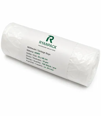 Zdjęcie produktu dla RyanPack Worki na śmieci bez uchwytu, HDPE, 52×46 cm, 10 µm, białe – opakowanie 100 sztuk, Obraz wygenerowany przez AI